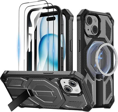 Vista 10 de Funda magnética para iPhone 15 con soporte y protector de pantalla [compatible con Magsafe] antideslizante, cuerpo completo, doble capa, resistente