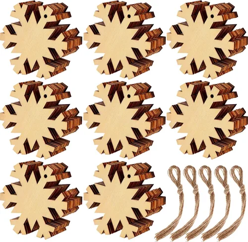 Vista 7 de Blulu 60 Pieces Christmas Wooden Ornaments 3.5" Round Wood Slices Snowflake Angel Shape with Cords for DIY Crafts New Year Christmas Tree Pendant