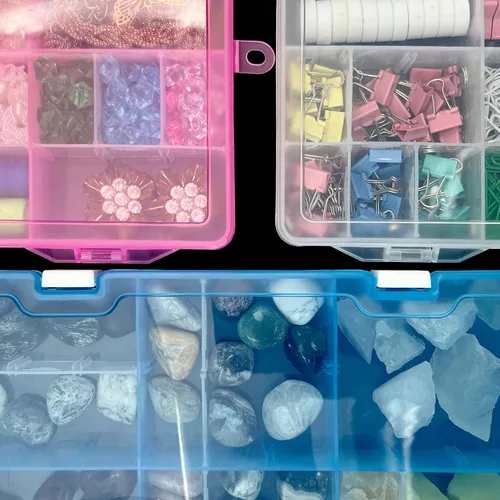 Vista 7 de DUOFIRE Organizador de plástico, caja de almacenamiento, divisor ajustable, compartimento de rejilla extraíble, caja de ranura transparente grande