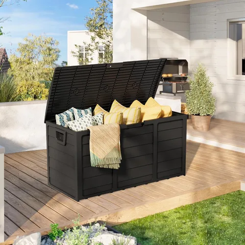 Vista 2 de Caja de almacenamiento para terraza al aire libre de 75 galones, resina resistente con tapa bloqueable, resistente a los rayos UV para muebles