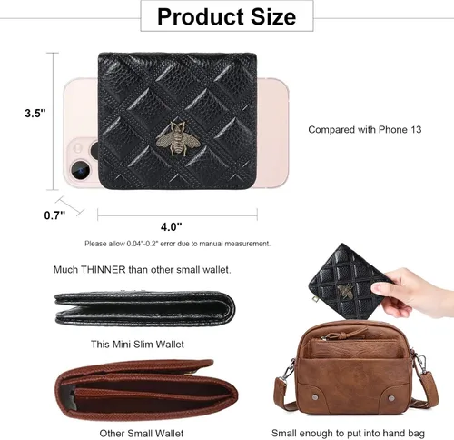 Vista 4 de Billetera para mujer, con bloqueo RFID, pequeña, compacta, plegable, de piel auténtica, con bolsillo, mini carteras para mujeres