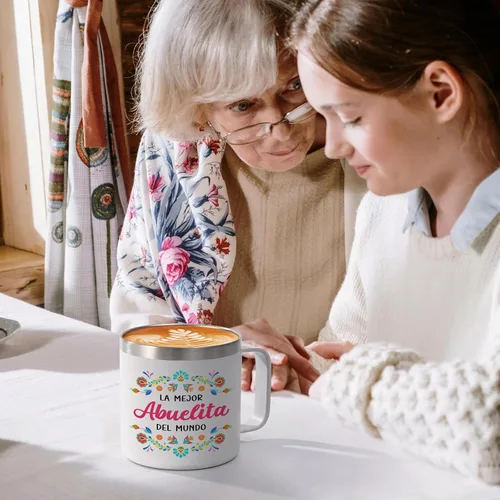 Vista 4 de Qtencas Regalos de Abuela, regalos para abuela, La Mejor Abuelita Del Mundo Taza de café aislada de 14 onzas, regalo de Abuelita en español
