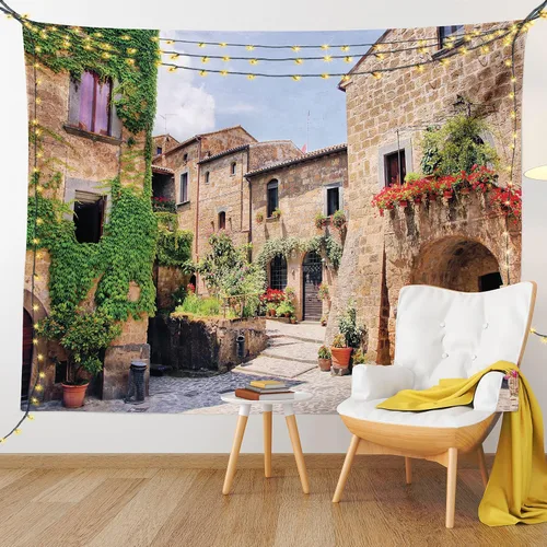 Vista 9 de Lunarable Tapiz de la Toscana, calles italianas en el campo, casas de ladrillo tradicionales con estampados antiguos toscanos, decoración de tela