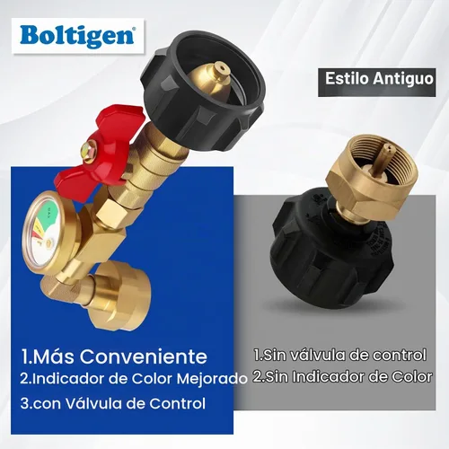 Vista 4 de Boltigen Adaptador de codo de repuesto de propano con medidor de tanque, adaptador de recarga de propano mejorado para tanques de 1 libra, adaptador