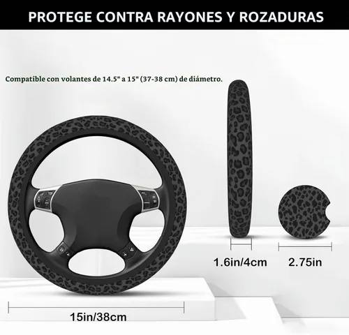 Vista 6 de KARREAL Funda de volante con estampado de leopardo negro y 2 piezas de posavasos para automóvil, material de goma de neopreno, accesorios
