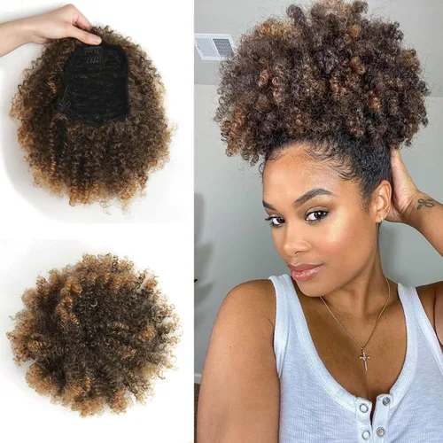Vista 19 de Extensión de cola de caballo afro rizada encrespada con cordón para mujeres, cola de caballo afro con cordón, rizos encrespados sintéticos, piezas