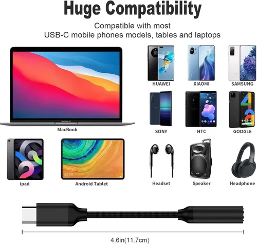 Vista 5 de Adaptador USB tipo C a conector de auriculares hembra de 3.5 mm (Negro), cable USB C a auxiliar de audio compatible con Pixel 4 3 2 XL, Samsung