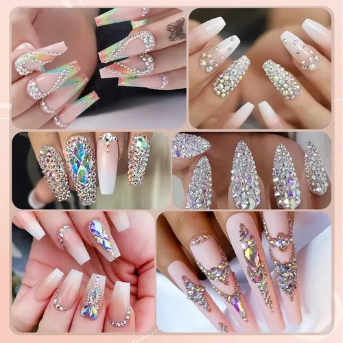 Vista 7 de Kit de pedrería para uñas BELLEBOOST, 15ml de pegamento de gel con strass + gemas coloridas + cristales de vidrio flatback AB y gemas transparentes