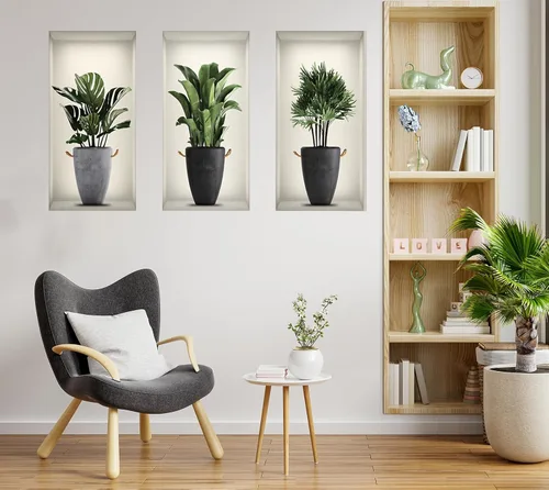 Vista 5 de Calcomanías de pared de plantas verdes 3D, calcomanías de pared en macetas tropicales, vinilo creativo para despegar y pegar, decoración de pared