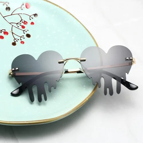 Vista 6 de LASPOR Gafas de sol de corazón derretidor para mujeres y hombres, sin llantas, gafas de fiesta de goteo, de metal dorado, sin marco, gafas de lágrima