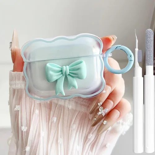 Vista 17 de Bonita funda transparente para AirPods Pro 2/1 Gen, diseño de lazo 3D femenino, funda protectora y a prueba de golpes de TPU suave Kawaii para Apple