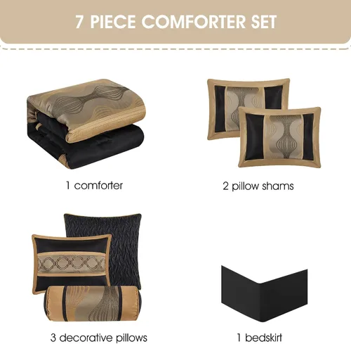 Vista 4 de Grand Avenue - Juego elegante de edredón negro y dorado, a rayas, 7 piezas de juego de cama de jacquard con edredón para todas las estaciones
