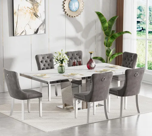 Vista 95 de Juego de mesa de comedor extensible de 5 piezas, juego de mesa de comedor extensible de estilo granja para 4, mesa de cocina expandible de madera