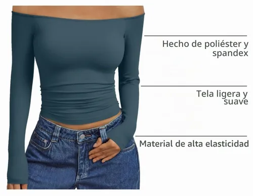 Vista 4 de Trendy Queen Camisetas básicas sexy para mujer con hombros descubiertos Azul