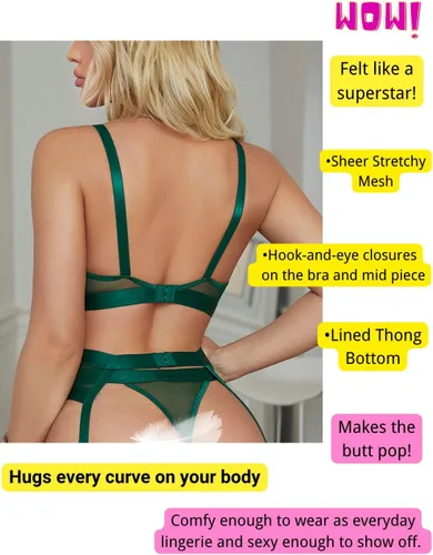 Vista 48 de Kaei&Shi - Lencería con liguero para mujer, conjunto de encaje traslúcido y sexy de 4 piezas combinadas