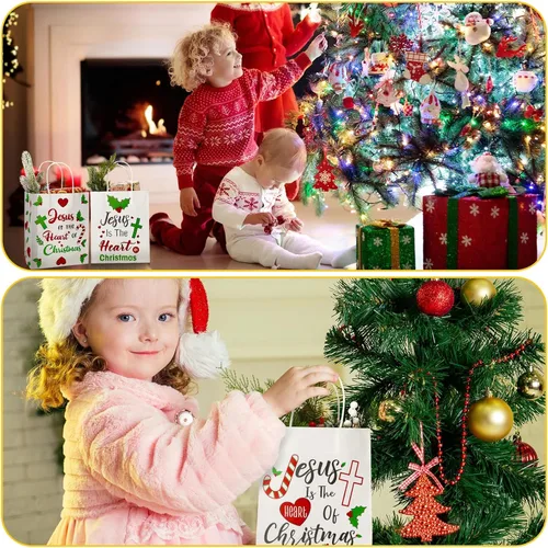 Vista 5 de Zhanmai 24 bolsas de regalo de Navidad con asas a granel, cristiano Jesús es el corazón de Navidad, bolsas con corazón, hoja de flor de pascua