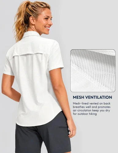 Vista 4 de Haimont Camisas de senderismo y pesca con protección solar para mujer, manga corta, abotonadas, resistentes al agua, de secado rápido