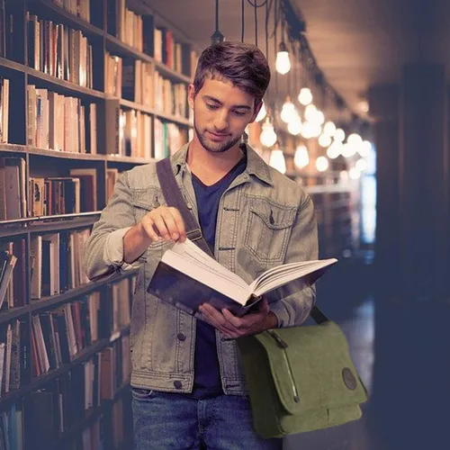 Vista 2 de Bolso bandolera de lona vintage para hombres y mujeres, bolsa de hombro de viaje para laptop de 13.5 pulgadas, bolsa para libros (verde militar)