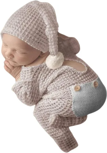 Vista 9 de Moda recién nacido niños niñas bebé sesión de fotos accesorios trajes ganchillo ropa sombrero de cola larga pantalones accesorios de fotografía