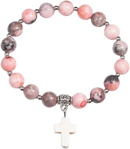 Vista 4 de Regalos cristianos para mujeres, hombres, pulsera elástica de cuentas cruzadas católicas religiosas, regalos de joyería curativa de piedra natural