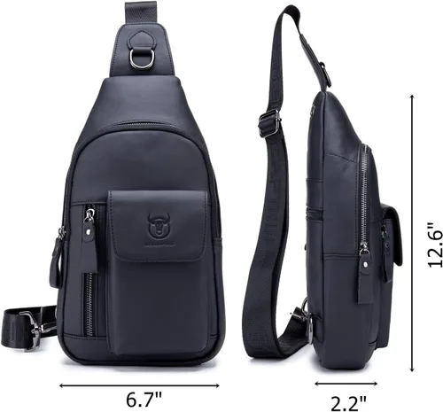 Vista 2 de BULLCAPTAIN Bolso bandolera de cuero genuino para hombre, bolsa cruzada de viaje, bolsa de pecho de gran capacidad, casual, mochila de senderismo
