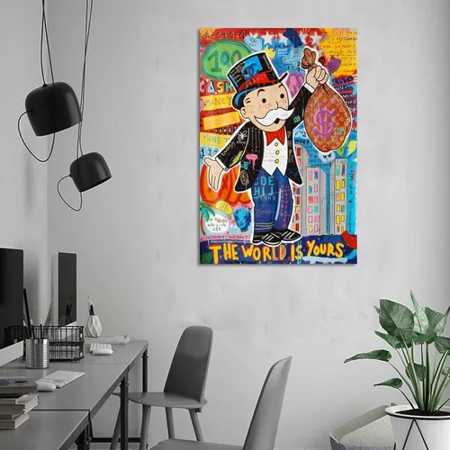 Vista 6 de Monopolys Graffiti Money The World Is Yours - Póster de arte en lienzo y arte de pared, póster moderno para decoración de dormitorio familiar, 16 x