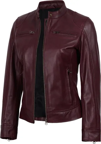 Vista 8 de Decrum Cafe Racer Chaqueta de piel de cordero real estilo motocicleta para Beige