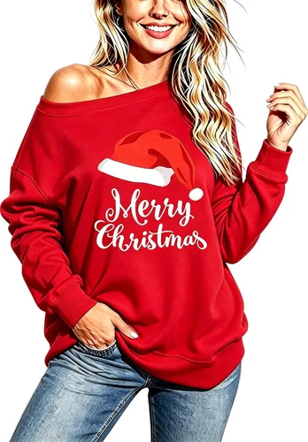 Vista 8 de Sudadera holgada de manga larga con hombros descubiertos para mujer de Halloween Gorro de Navidad negro