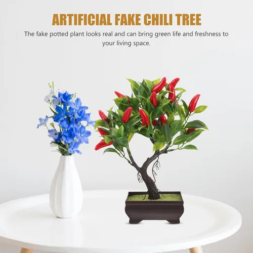 Vista 4 de Cabilock Árbol de chile artificial realista, bonsái, planta en maceta de chile falso para interiores