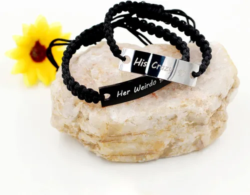 Vista 4 de 1 par de pulseras trenzadas Hademade para parejas, pulseras para hombres y mujeres grabadas con "I Love You 3000, God Gave Me You, His Crazy Her