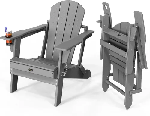 Vista 13 de VINGLI Sillas Adirondack de plástico, plegables con soporte para tazas, material de polietileno de alta densidad impermeable, cómoda capacidad