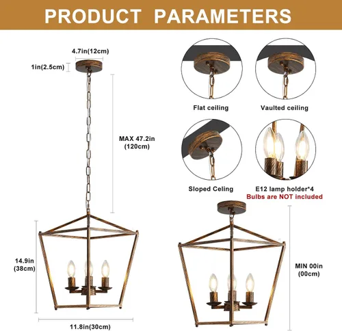 Vista 6 de Lámparas de Linterna Rústicas de Araña de 4 Luces, Lámparas Colgantes de Techo de Jaula en Negro y Oro, Lámparas Colgantes para Isla de Cocina