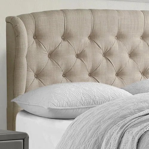 Vista 5 de Rosevera Issac - Cama con cabecero ajustable de diseño distintivo y marco de cama acolchado con botones, tamaño Queen, beige natural