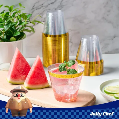 Vista 6 de JOLLY CHEF Paquete de 100 Vasos de Plástico Dorado, Tumblers de Plástico Transparente de 9 oz, Elegantes Vasos con Borde Dorado, Vasos Desechables