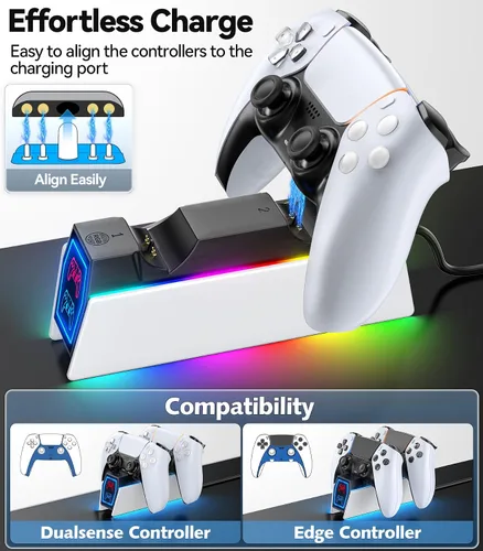 Vista 5 de PS5 Controller Charger Station Compatible with Playstation 5 Skin Edge & Dual Controller, 9 RGB LED Light PS5 Accessories Charging Station, PS5