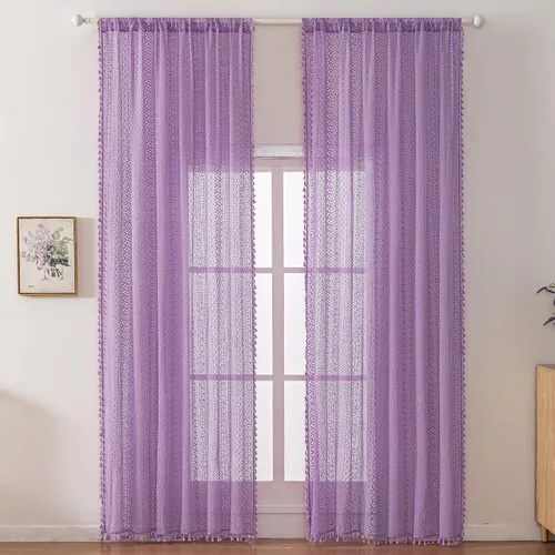 Vista 16 de WAZZIO Cortinas de Encaje, Cortina Boho de Crochet para Dormitorio, Cortinas de Café de Algodón, 45 Pulgadas de Largo, 2 Paneles con Bolsillo