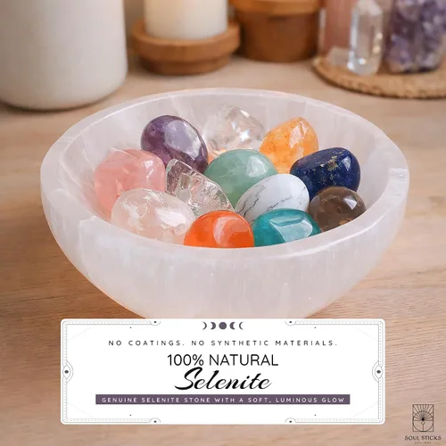 Vista 2 de Soul Sticks Cuencos de cristal de selenita para manchas, curación y recarga de cristales, cuenco de selenita pura y estación de carga de cristal