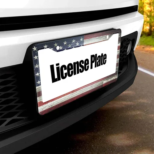 Vista 5 de Smooffly Marco de placa de matrícula con bandera de Estados Unidos pintada en madera vieja para accesorios decorativos de coche, resistente al