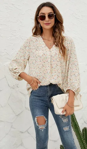 Vista 3 de POGTMM Blusa de verano de gasa con cuello en V y manga 34 para mujer, casual, holgada, para el trabajo, negocios, floral, túnica
