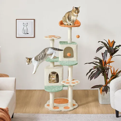Vista 3 de Yaheetech Torre de árbol para gatos de 57.5 pulgadas, centro de actividades multifuncional con plataforma en forma de pata de gato, postes