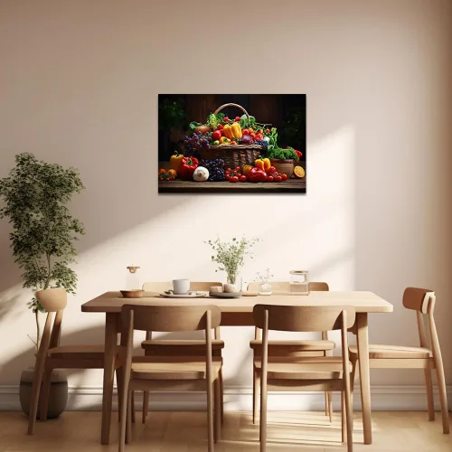 Vista 2 de QIXIANG Arte de pared de frutas y verduras coloridas impresiones en lienzo de comida en la canasta, cocina, restaurante, decoración de pared