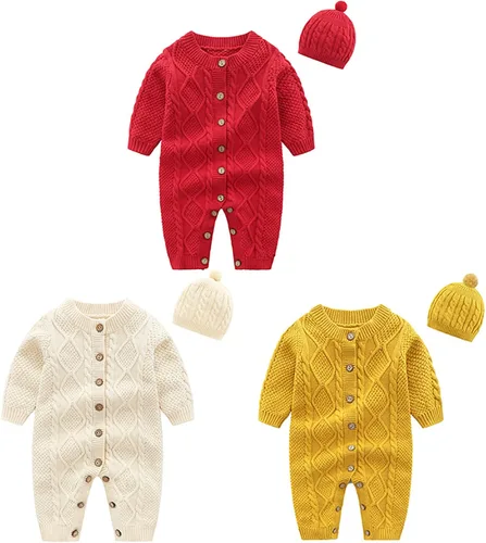 Vista 5 de Conjunto de suéter de punto para bebé recién nacido de algodón de manga larga con gorro cálido de invierno para niños