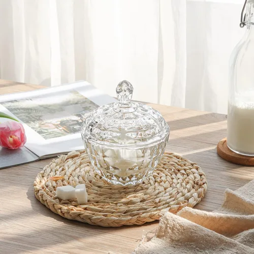 Vista 3 de ComSaf Plato de cristal para dulces con tapa, tarros pequeños de 9 onzas con tapa para escritorio de oficina, plato de dulces cubierto