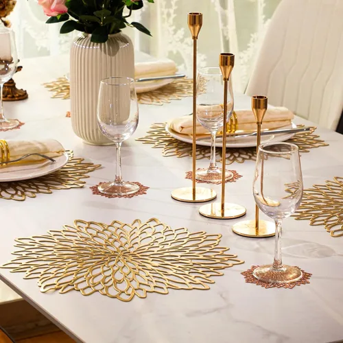 Vista 5 de Snowkingdom - Juego de 4 manteles individuales dorados metálicos de vinilo prensado para mesa de comedor, redondos, con diseño floral, adorno