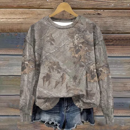 Vista 3 de Dlongni Sudadera de camuflaje para mujer, con estampado de hojas de arce, cuello redondo, manga larga, forro polar, suéter de gran