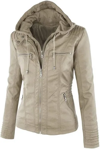 Vista 3 de Springrain Chaqueta de motociclista de cuero sintético para mujer con capucha desmontable Albaricoque
