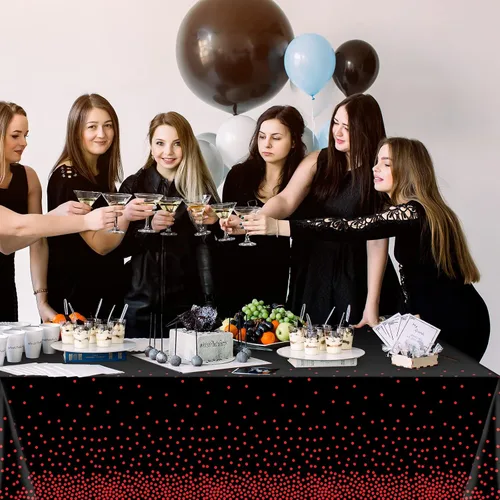 Vista 5 de Paquete de 1 mantel de plástico con puntos rojos y negros, mantel desechable de plástico rectangular de plástico con estampado de puntos rojos