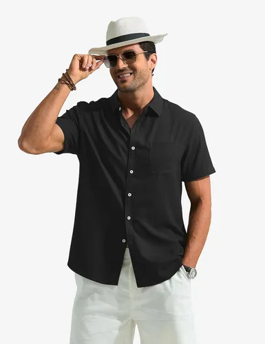 Vista 2 de Camisa de manga corta con botones para hombre, casual, transpirable, para verano, playa, con bolsillo