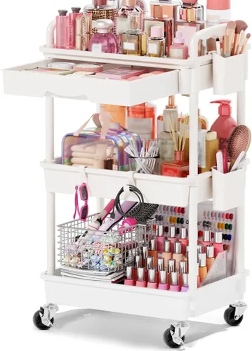 Vista 12 de Goovilla Carrito Organizador de Maquillaje Rodante con Cajón Extraíble, Carrito de Almacenamiento de Cuidado de la Piel de 3 Niveles Estable Negro