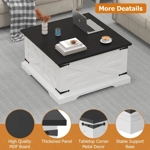Vista 5 de Bigbiglife Mesa de centro de granja con almacenamiento, mesa central cuadrada de 31.5 pulgadas para sala de estar, mesa de cóctel de madera rústica